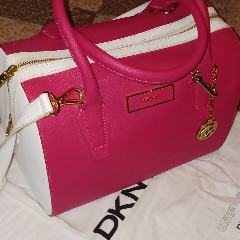 DKNY Pink and White Satchel with Structured Design